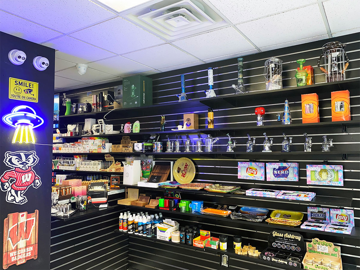 Wall displays with smoking accessories at our Bassett, Madison head shop and tobacco store.