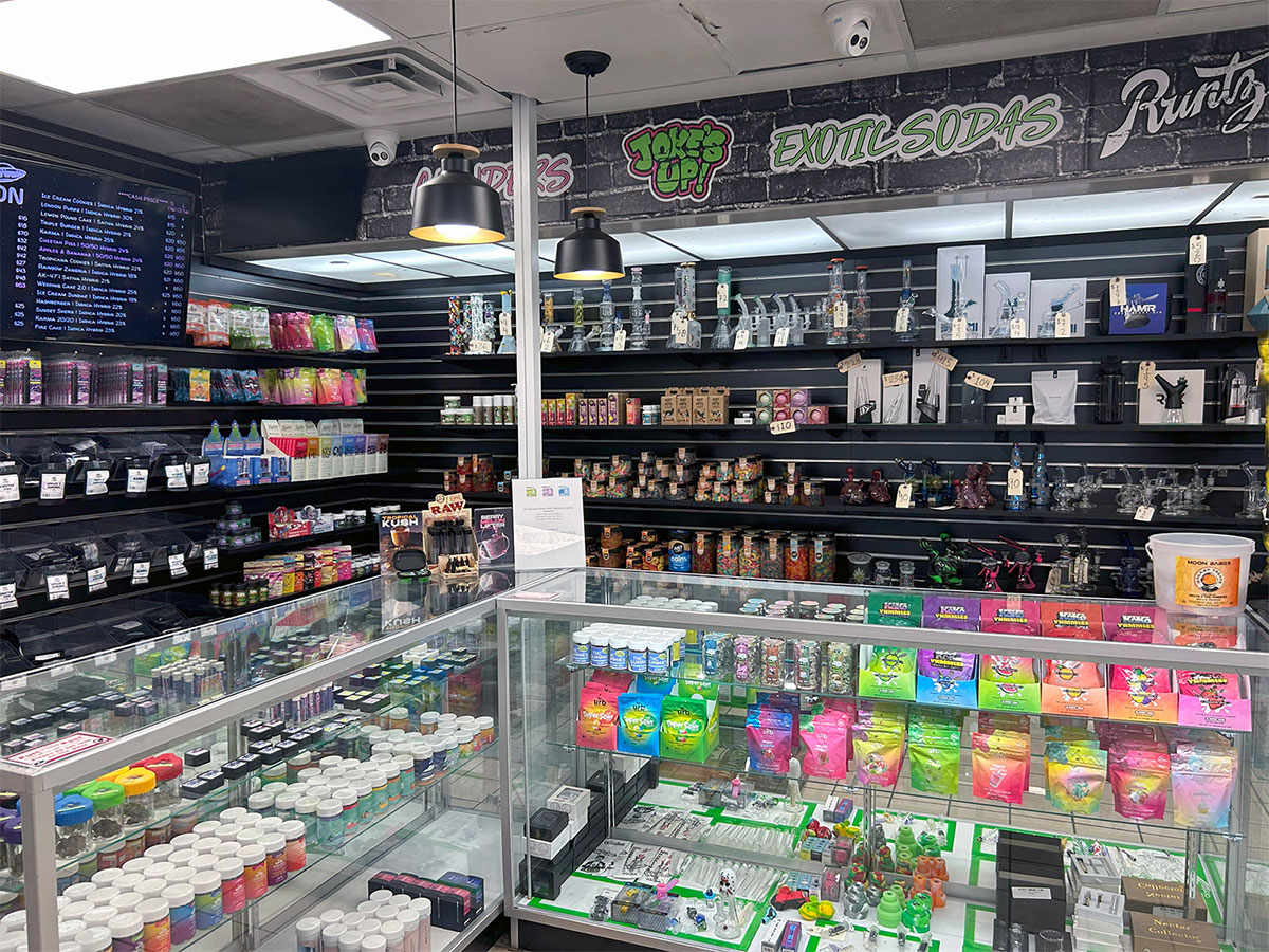 A product display of smoking accessories, THCa flower, concentrates and more at our smoke shop near Bergenfield, New Jersey.