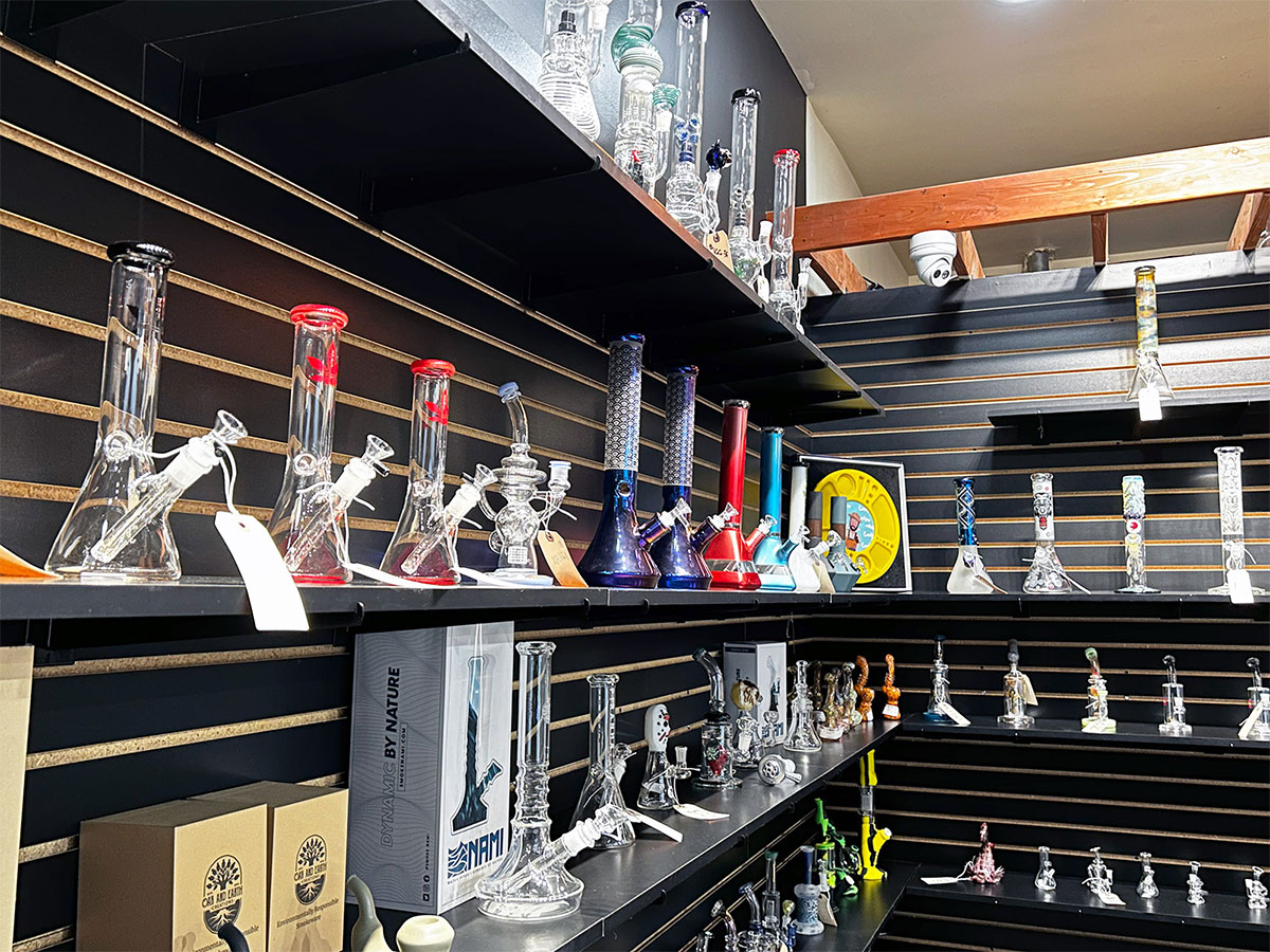 A product display of pipes, bubblers, and other smoking accessory products at our Center Grove, Randolph head shop and tobacco store.