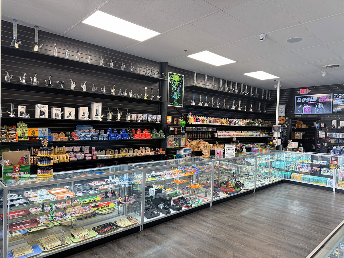 Product cases and wall displays at our Glenwood head shop and tobacco store.