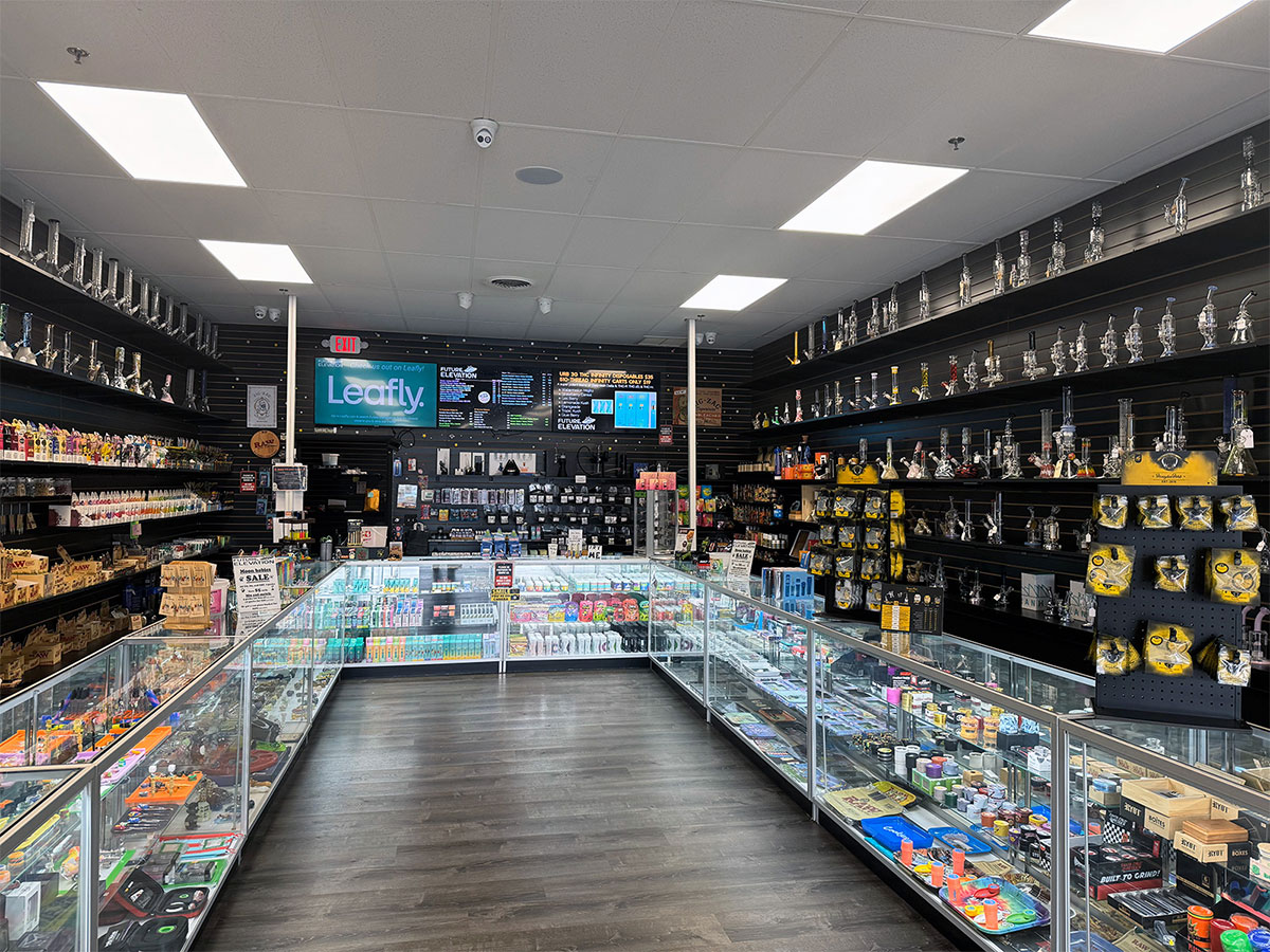 The interior of our smoke shop near Highland Lakes, New Jersey, with cases and items on the walls.