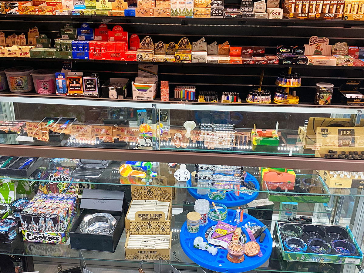 A product display of rolling papers, lighters, and other smoking accessory products at our Pompton Lakes head shop and tobacco store.