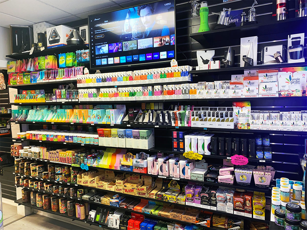 The interior of our smoke shop near Williamson-Marquette, Madison, Wisconsin, with items on the walls.